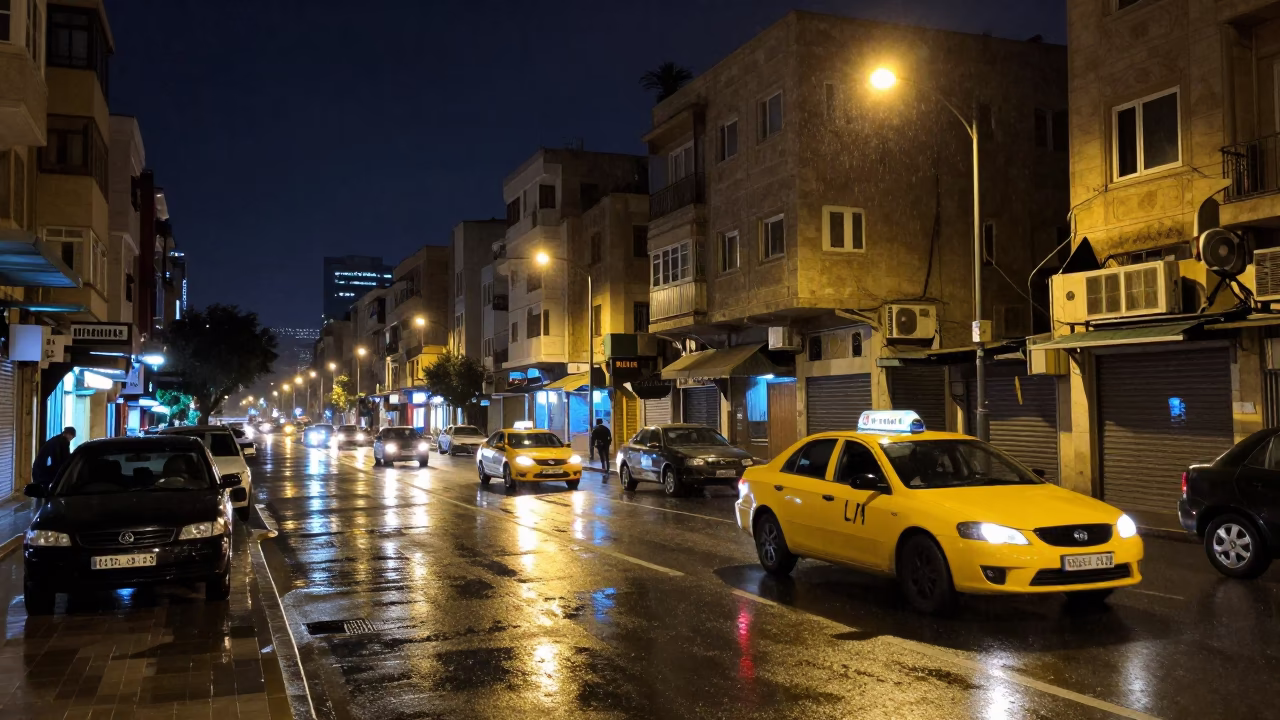 Beirut Night Street Scene with Yellow Taxi and Local Culture Under Deep Night Sky in in Beirut, Lebanon
