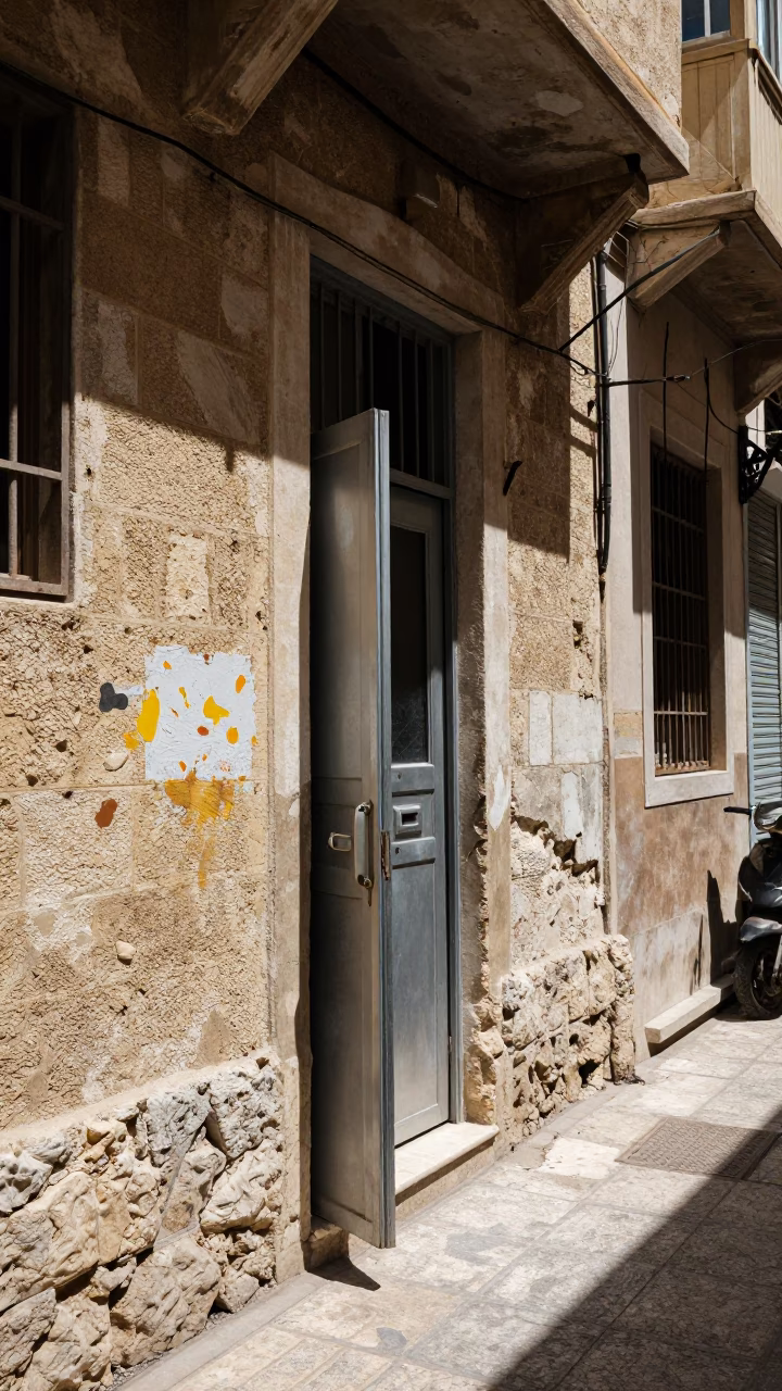 Beirut Noon Street Scene with Paint Flecks and Brushed Steel Doorframe in in Beirut, Lebanon