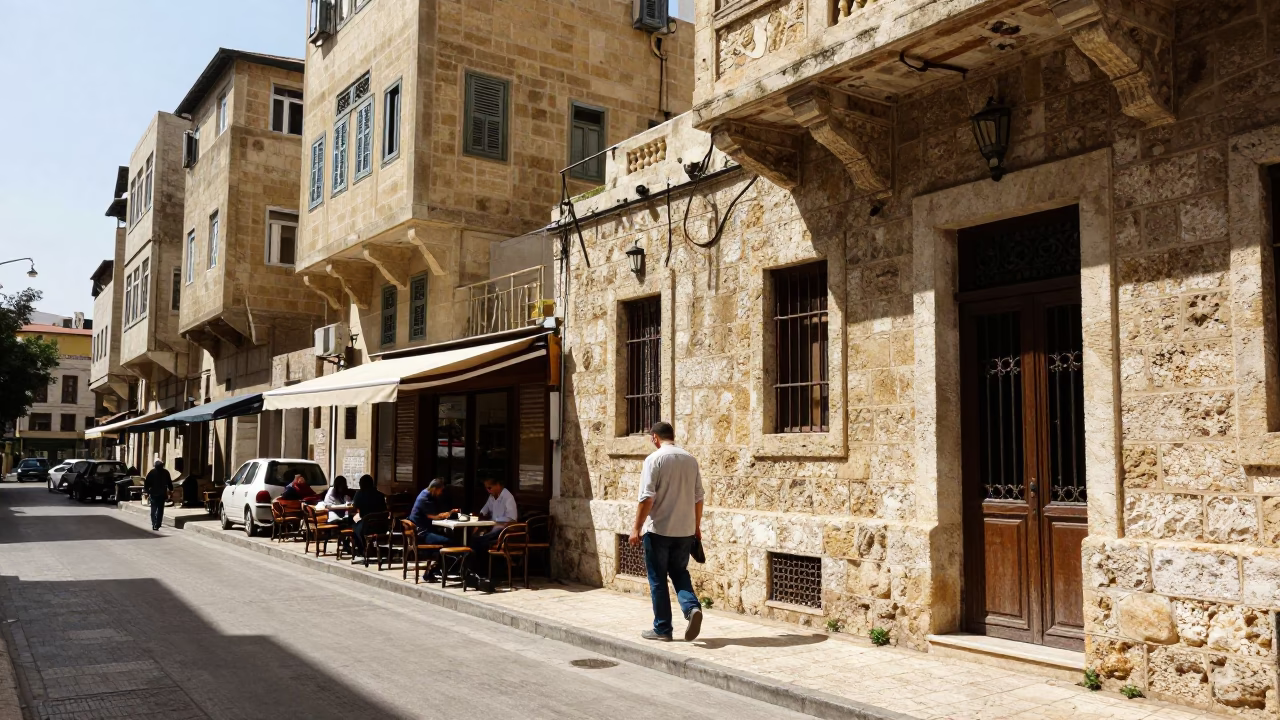 Beirut Noon Street Scene with Stone Facades and Local Life in in Beirut, Lebanon