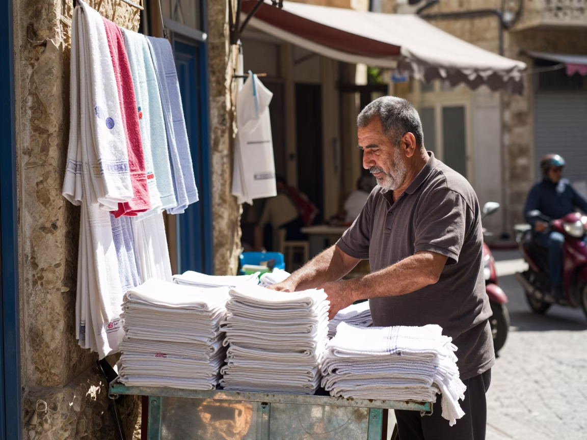 Beirut Noon Street Scene with Tea Towels and Local Interaction in in Beirut, Lebanon