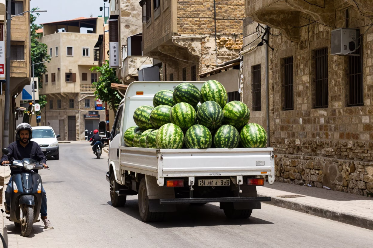 Beirut Noon Street Scene with Watermelon Truck and Brick Wall Ivy in in Beirut, Lebanon
