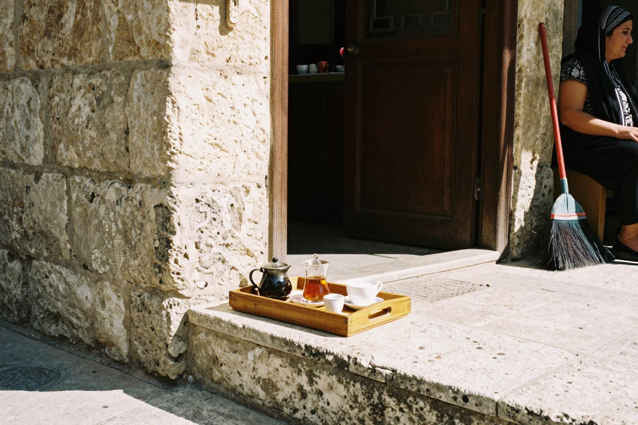 Beirut Noon Tea Tray and Broom in Traditional Lebanese Street Scene in in Beirut, Lebanon
