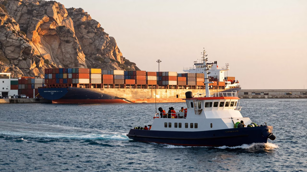 Beirut Port Sunrise with Pilot Boat Guiding Container Ship into Lebanese Harbor in in Beirut, Lebanon