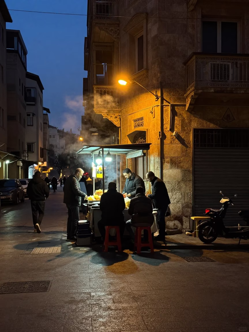 Beirut Predawn Street Scene with Street Food Vendor and Local Patron in in Beirut, Lebanon
