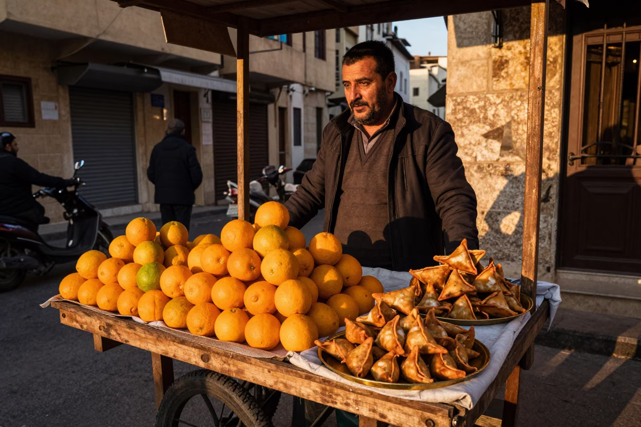 Beirut Souk Street Vendor Selling Oranges and Samosas in Golden Hour Light in in Beirut, Lebanon