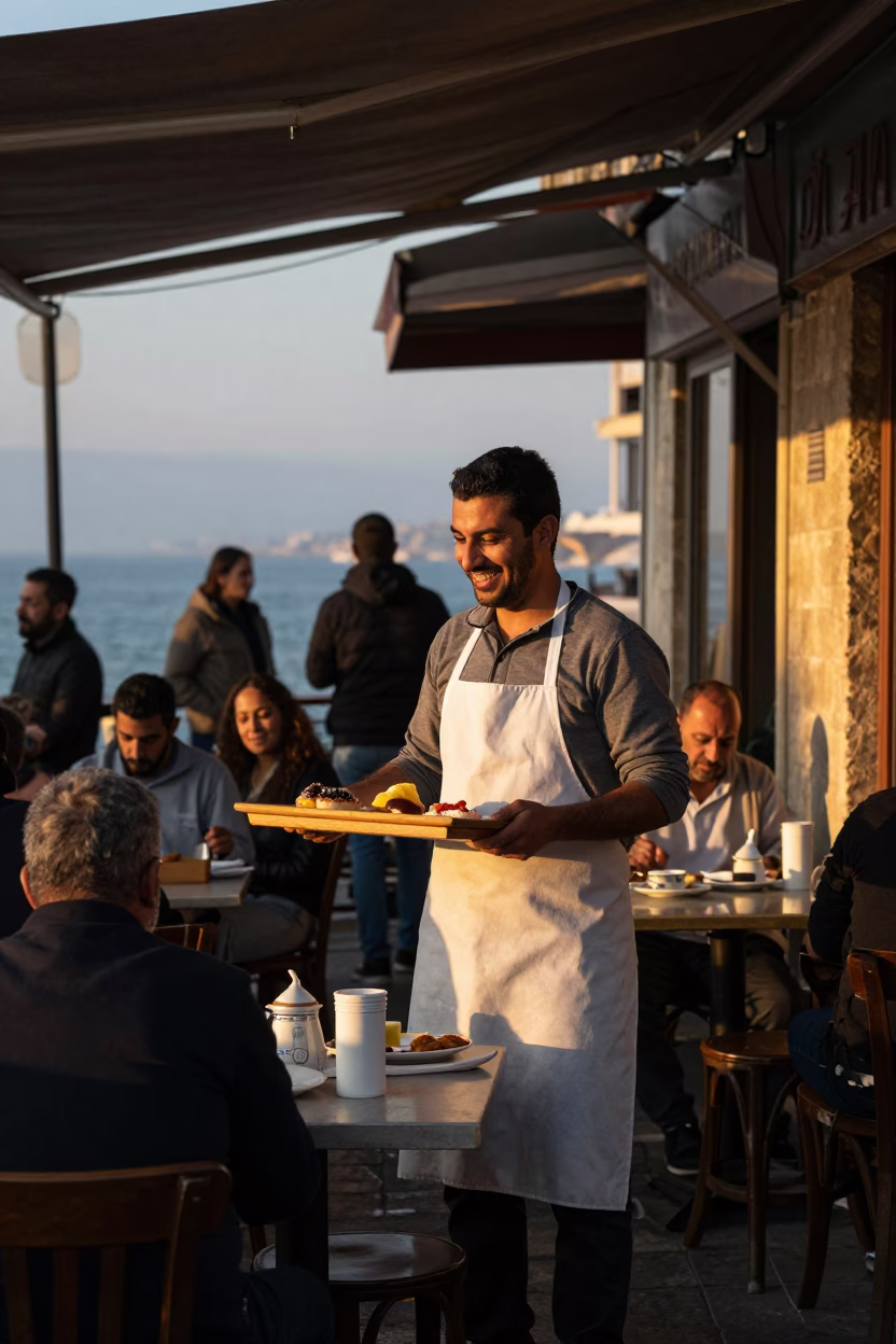 Beirut Street Cafe at Nautical Dawn with Local Breakfast and Pomegranate Fruit in in Beirut, Lebanon