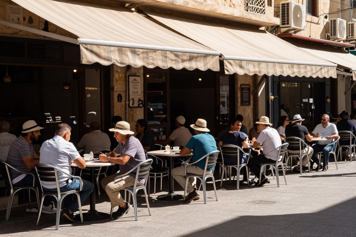 Beirut Street Cafe Early Afternoon Life with Sun Hats and Tin Box in in Beirut, Lebanon