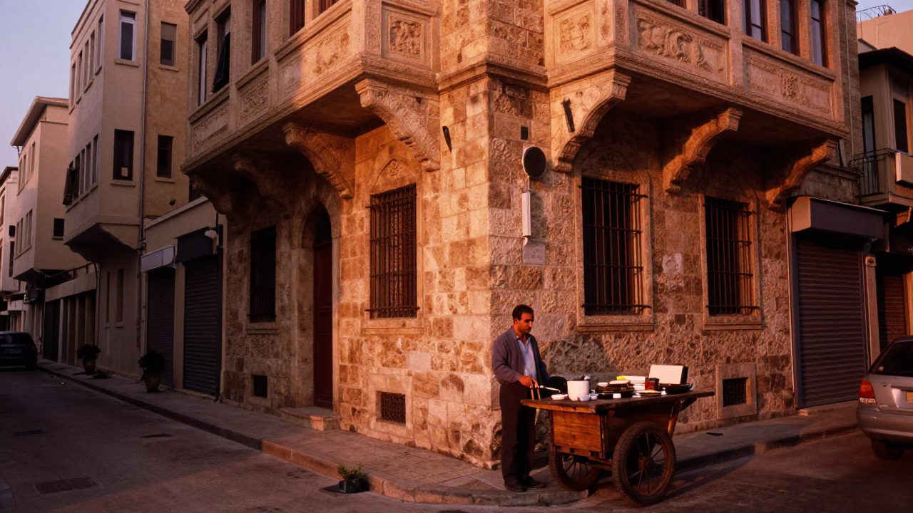Beirut Street Corner at Copper-toned Light Before Dusk in in Beirut, Lebanon