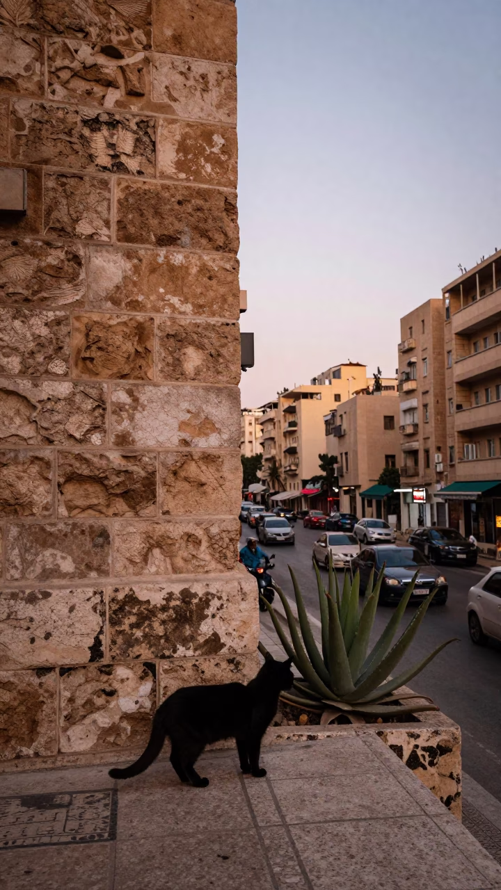 Beirut Street Corner at Dusk with Black Cat and Aloe Vera Plant in in Beirut, Lebanon