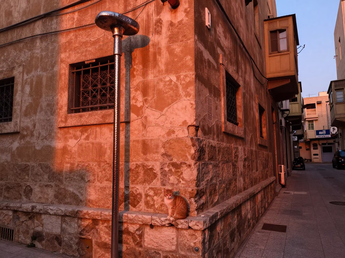 Beirut Street Corner at Dusk with Hammered Metal and Ginger Cat in in Beirut, Lebanon