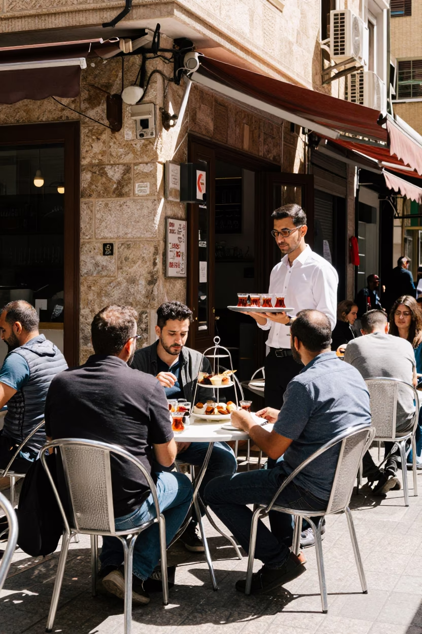 Beirut Street Corner Cafe Morning Tea Service and Local Conversation in in Beirut, Lebanon