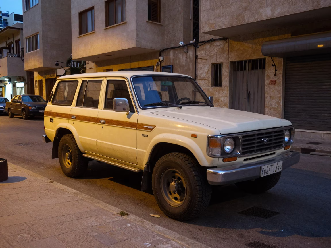 Beirut Street Corner Evening Scene with Vintage SUV and Local Architecture in in Beirut, Lebanon