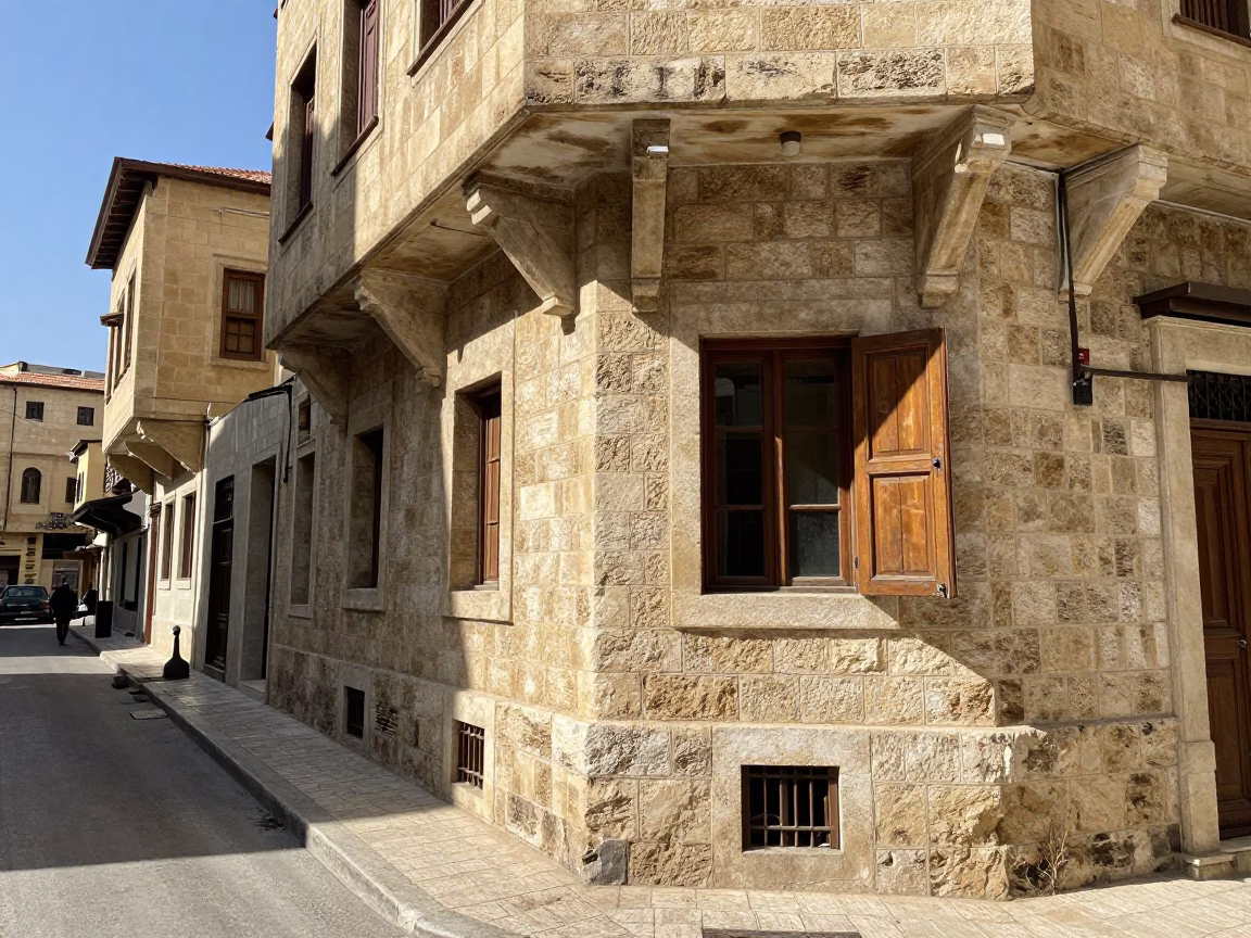 Beirut Street Corner Midmorning Light with Stone Architecture and Daily Life in in Beirut, Lebanon