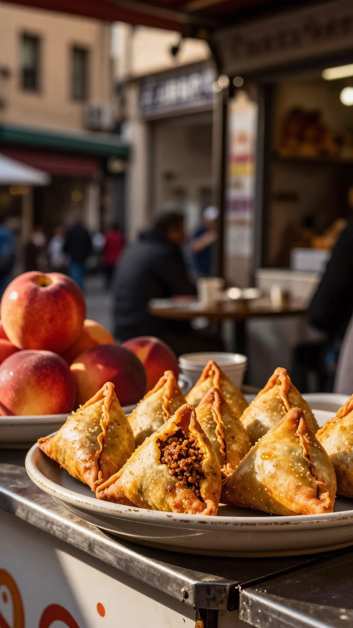 Beirut Street Food Stall Late Afternoon Nectarines and Sambusa Tray in in Beirut, Lebanon