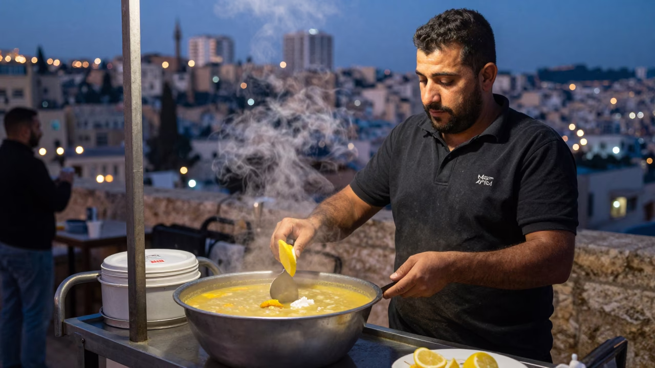 Beirut Street Food Vendor Serving Avgolemono Soup at Dusk with City Lights in in Beirut, Lebanon