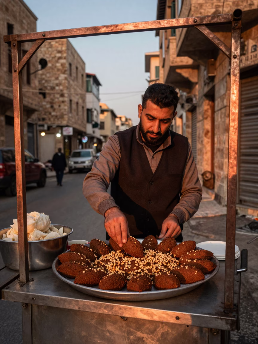 Beirut Street Food Vendor Serving Kibbeh in Warm Dusk Light with Pine Nuts in in Beirut, Lebanon