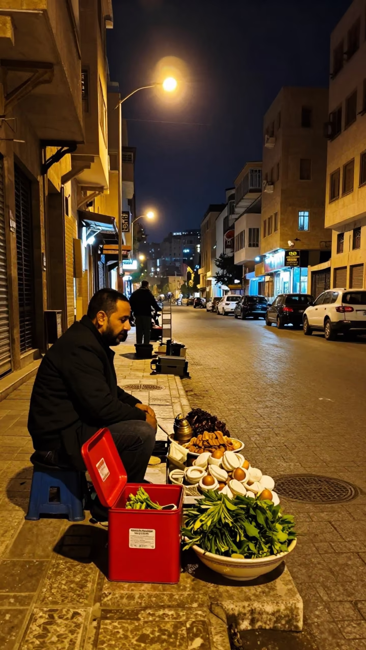 Beirut Street Scene at As City Lights Begin To Glow in in Beirut, Lebanon