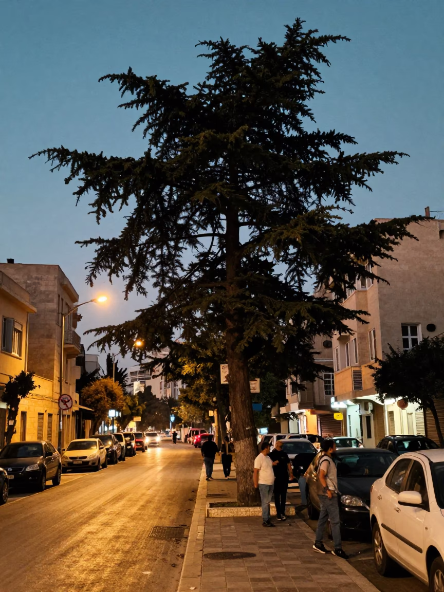 Beirut Street Scene at Dusk with Cedar Tree and Honey Sweets Vendor in in Beirut, Lebanon