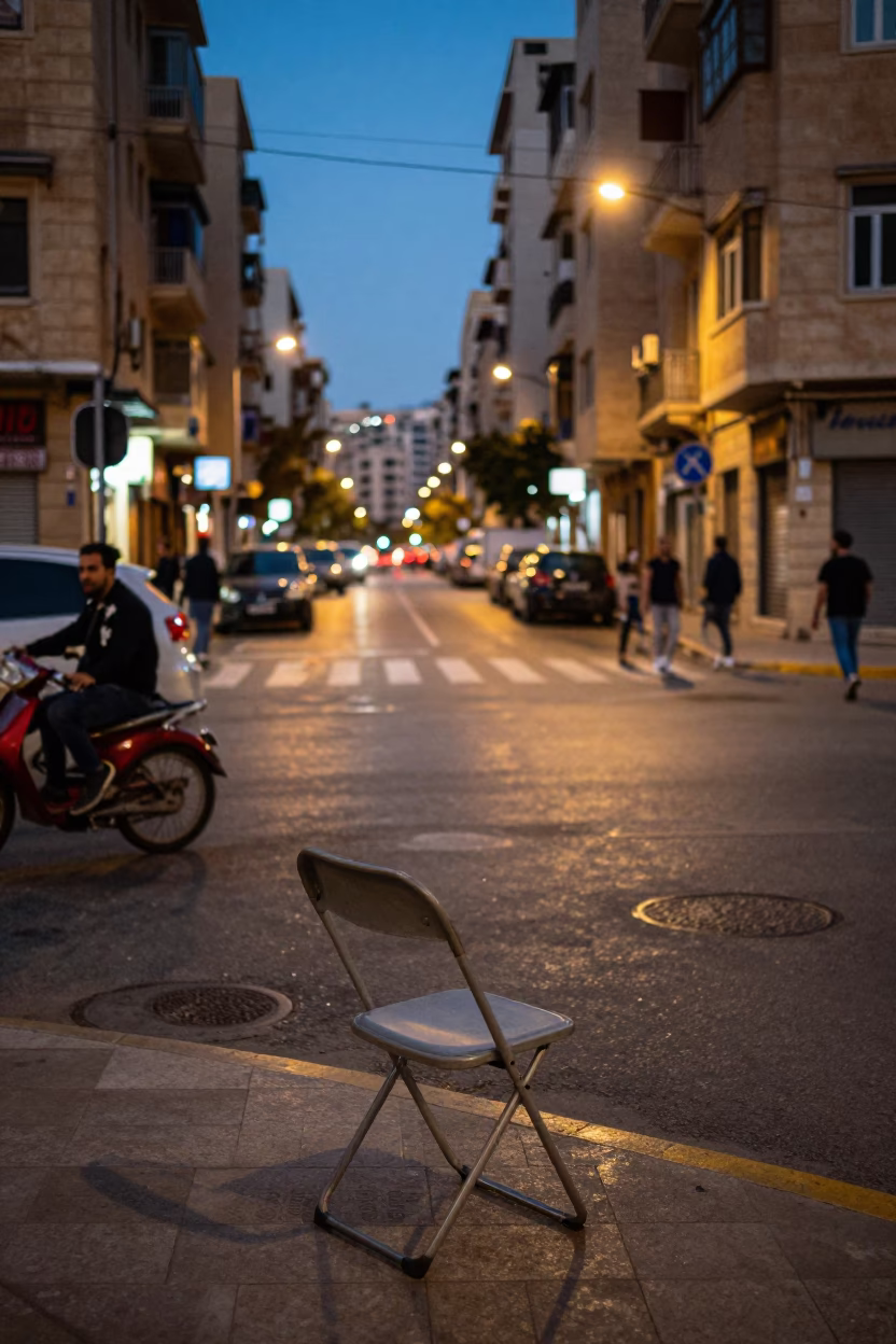 Beirut Street Scene at Dusk with Folding Chair and Gardenia Bush Near Traffic in in Beirut, Lebanon