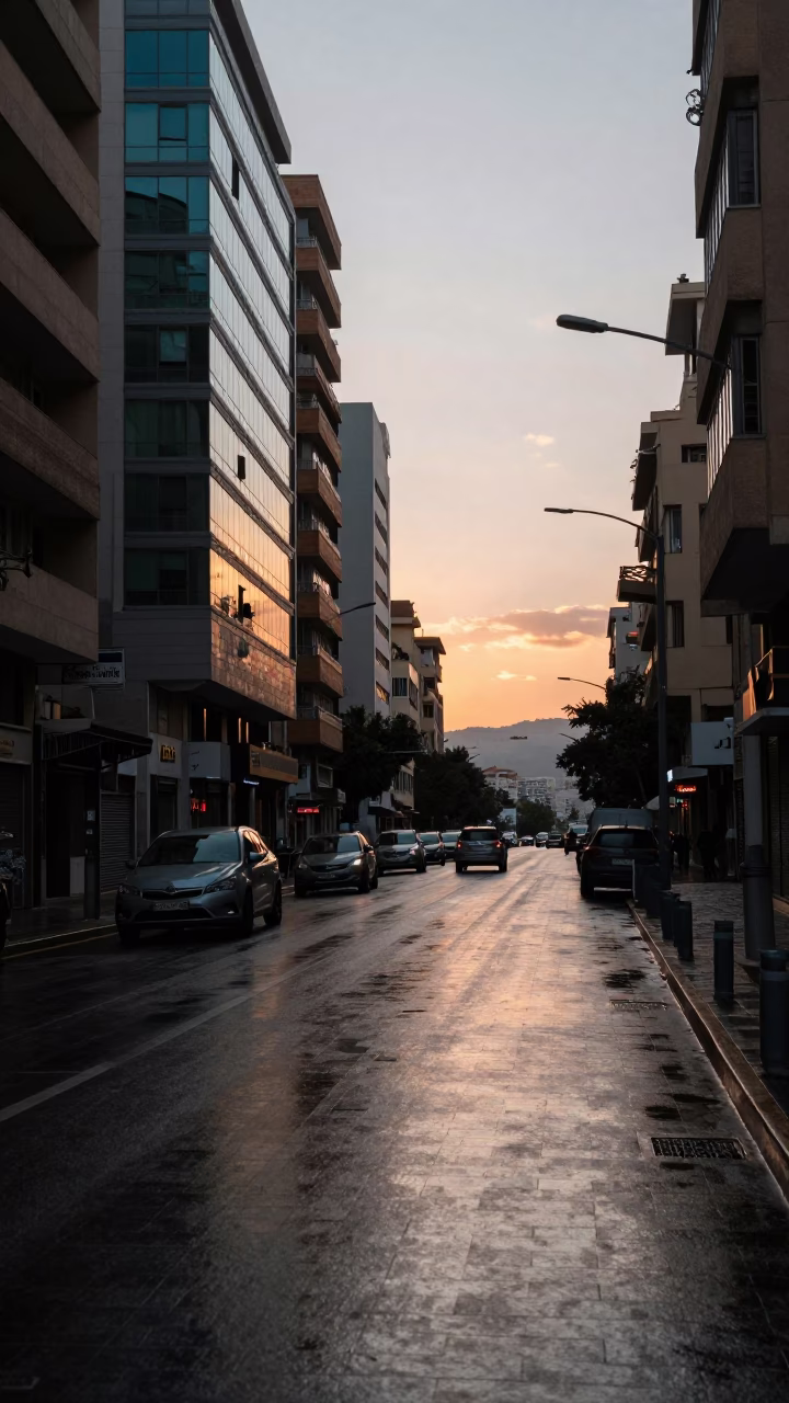 Beirut Street Scene at Dusk with Hotel Window Reflections in Puddle in in Beirut, Lebanon