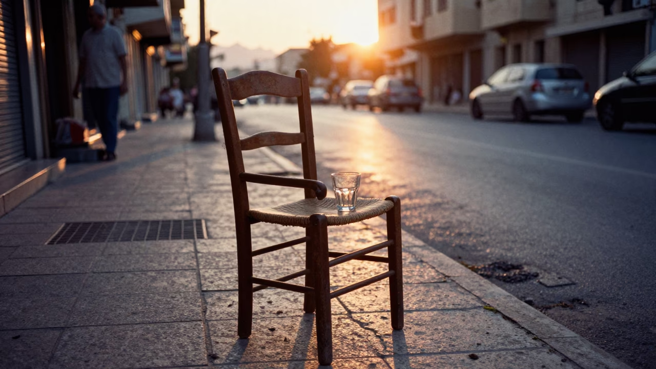 Beirut Street Scene at Dusk with Ladder-Back Chair and Glass Tumbler in in Beirut, Lebanon