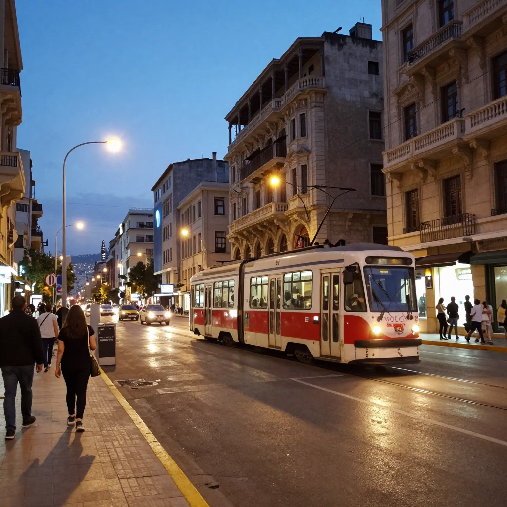 Beirut Street Scene at Dusk with Tram and Art Nouveau Facades in in Beirut, Lebanon