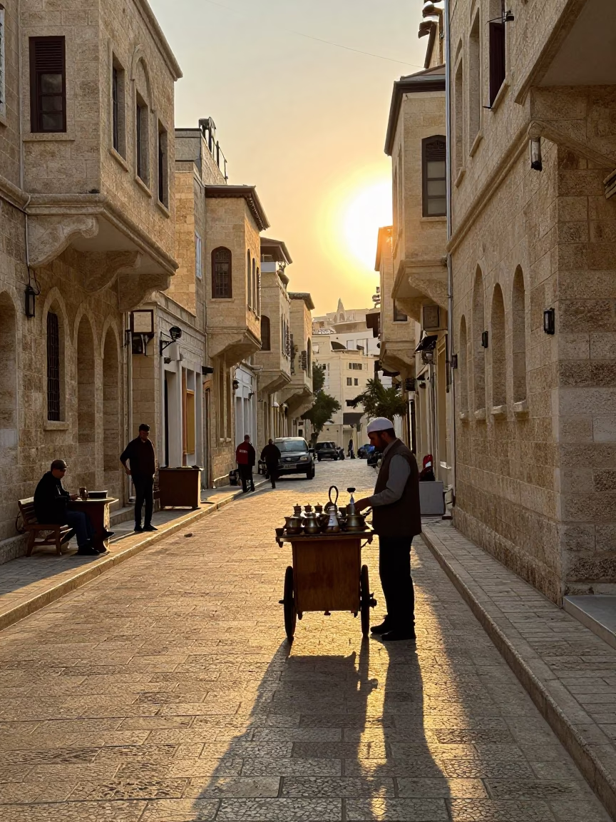 Beirut Street Scene at Golden Hour with Traditional Tea Service in in Beirut, Lebanon