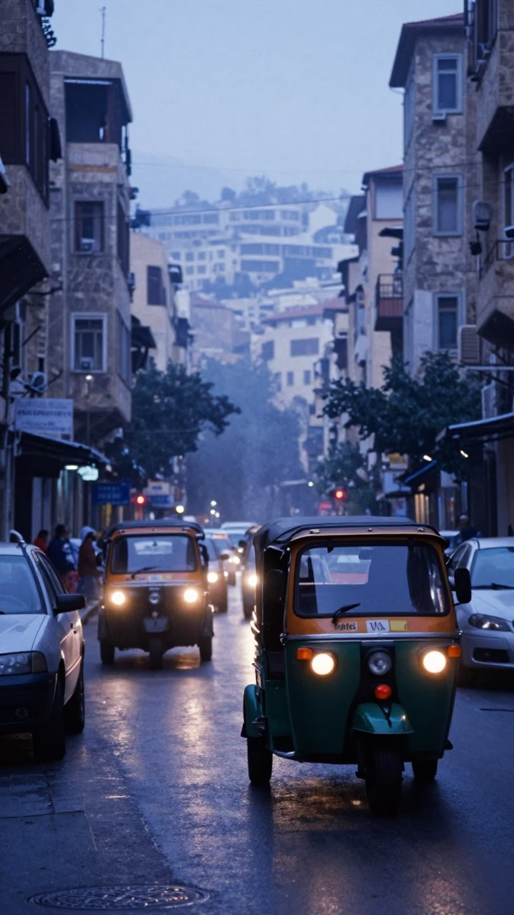 Beirut Street Scene at Nautical Dawn with Auto-Rickshaw and Rusting Ship in in Beirut, Lebanon