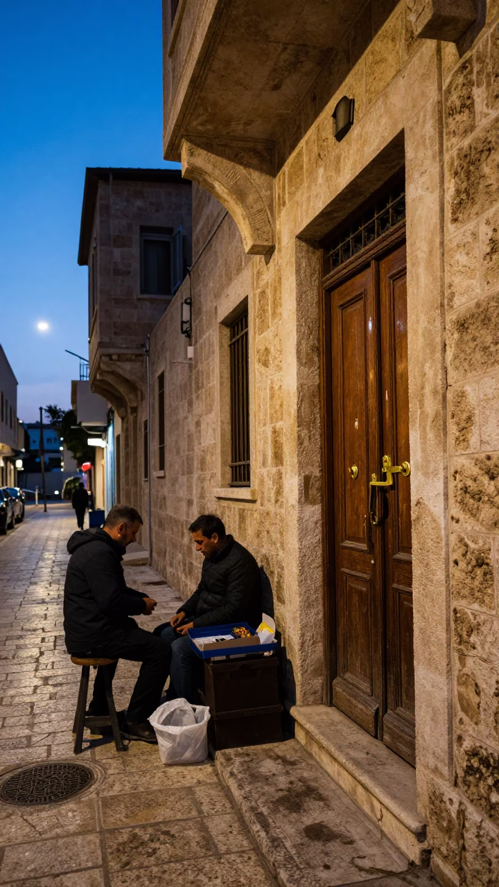 Beirut Street Scene at Nautical Dawn with Local Vendor and Traditional Door Latch in in Beirut, Lebanon