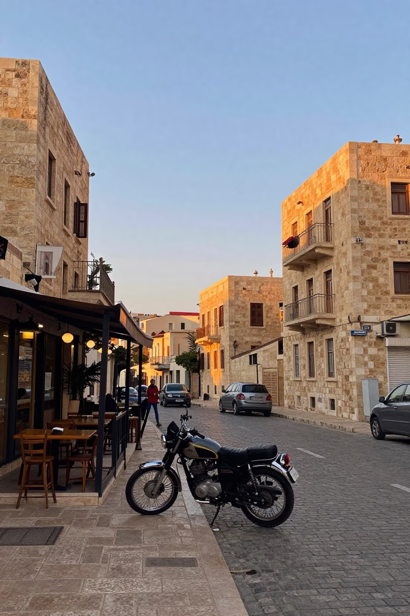 Beirut Street Scene at Nautical Dawn with Motorcycle and Bottle in in Beirut, Lebanon