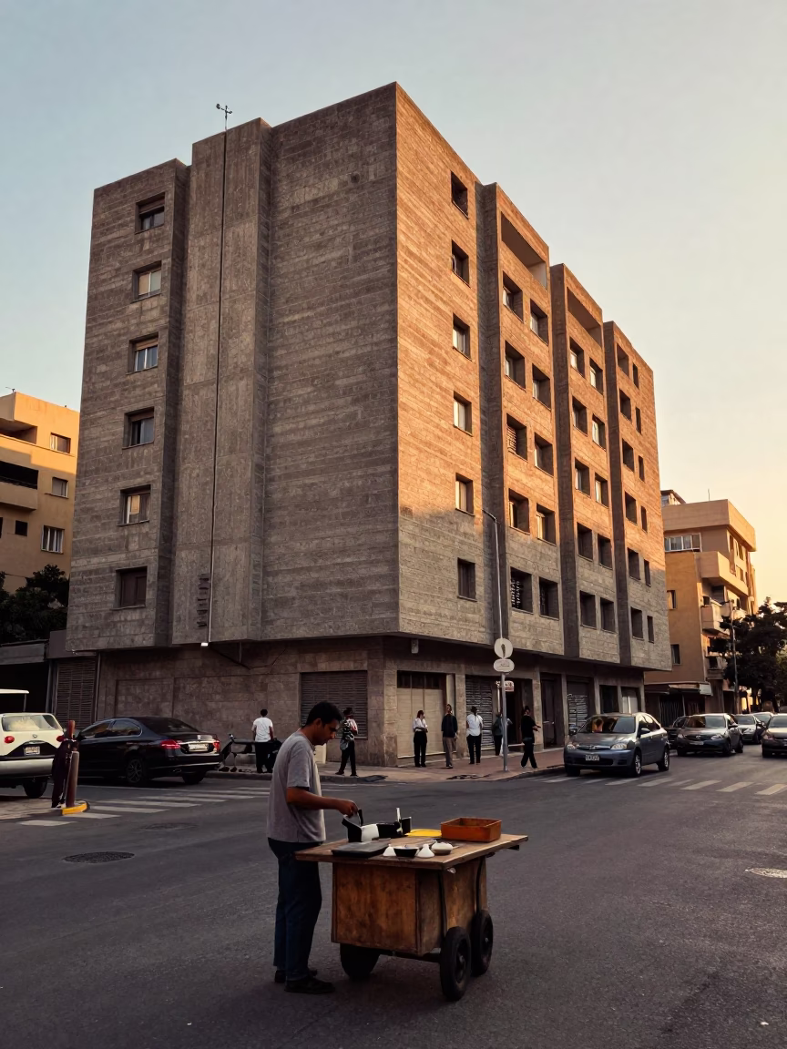 Beirut Street Scene at Sunset with Brutalist Concrete Architecture and Local Market Activity in in Beirut, Lebanon