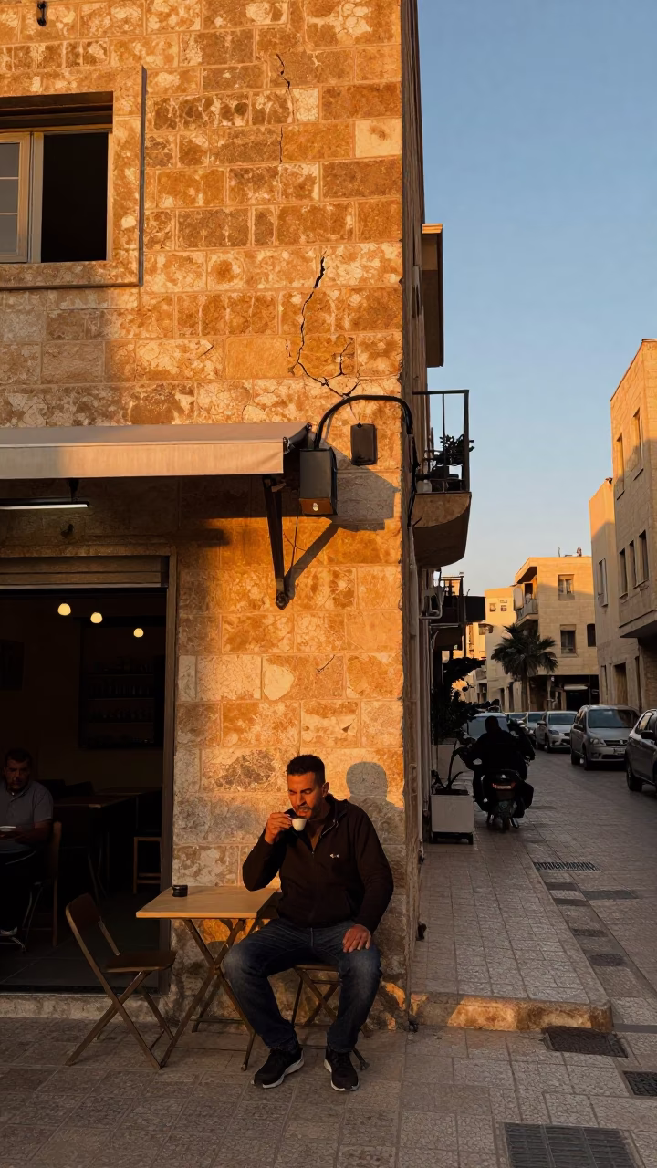 Beirut Street Scene at Sunset with Cracked Stucco and Local Coffee Shop in in Beirut, Lebanon