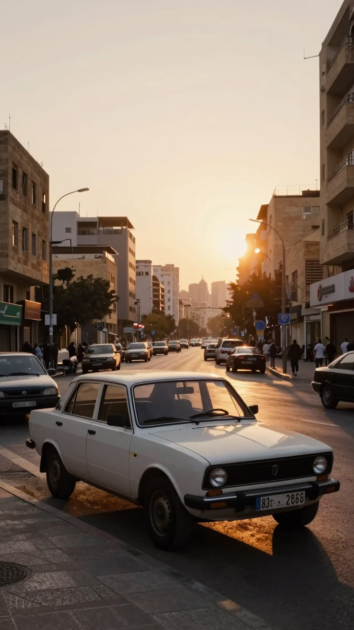 Beirut Street Scene at Sunset with Vintage Car and Local Traffic in in Beirut, Lebanon