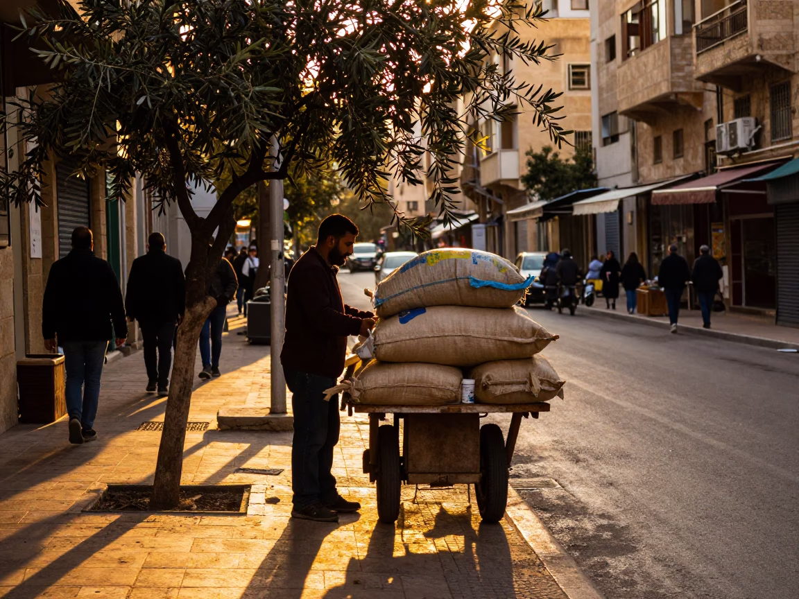 Beirut Street Scene Before Dusk with Olives and Glass Bottles in in Beirut, Lebanon