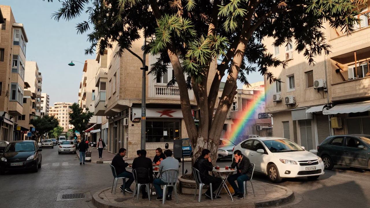 Beirut Street Scene Early Afternoon with Rainbow Eucalyptus and Urban Life in in Beirut, Lebanon