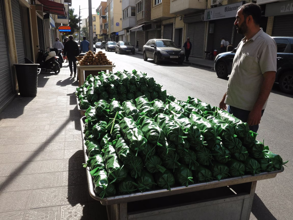 Beirut Street Scene Early Afternoon with Tray of Dolma and Local Interaction in in Beirut, Lebanon