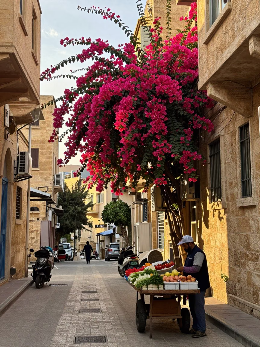 Beirut Street Scene Early Morning Light with Bougainvillea and Local Daily Life in in Beirut, Lebanon