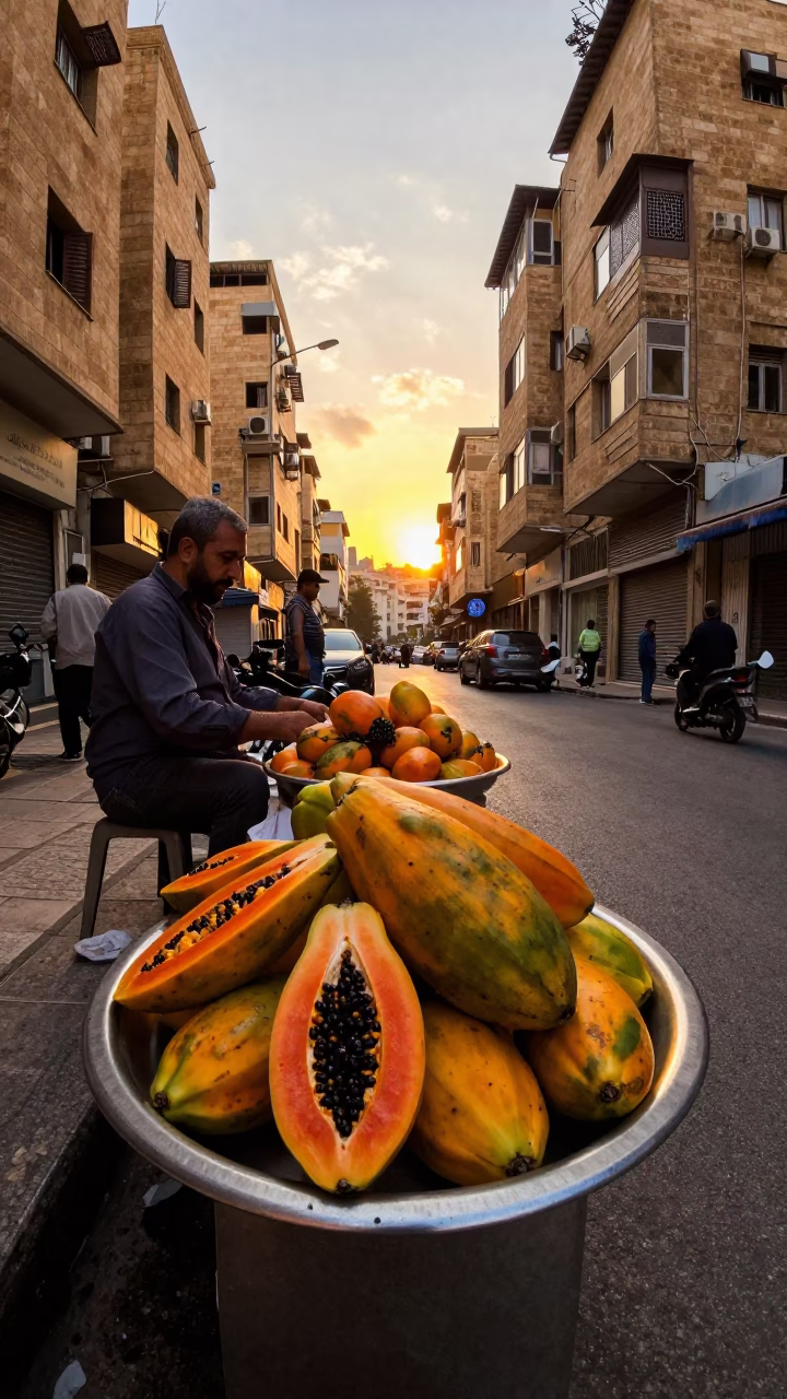 Beirut Street Scene Golden Hour Papayas and Brushed Steel Saucer in in Beirut, Lebanon