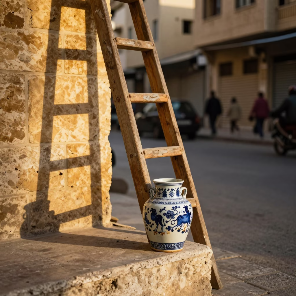 Beirut Street Scene Honeyed Evening Light with Porcelain Jar and Wooden Ladder in in Beirut, Lebanon