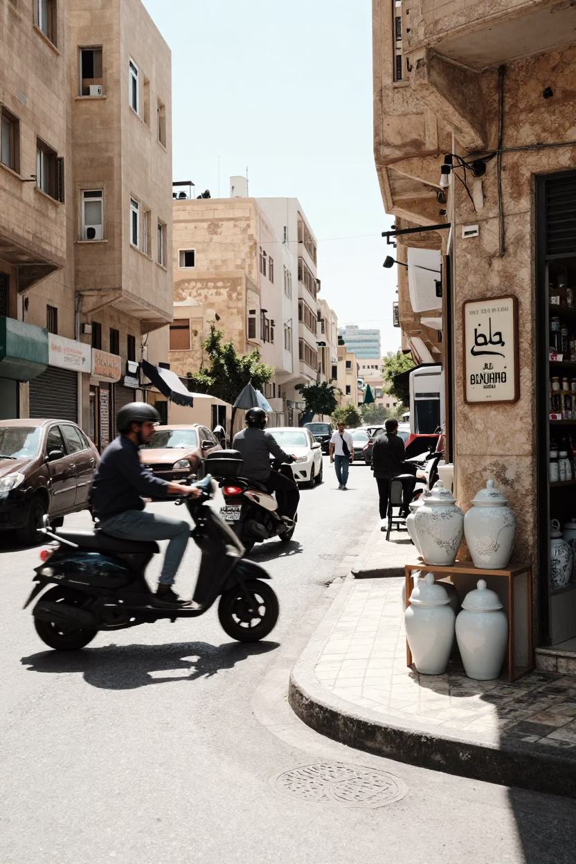 Beirut Street Scene in Bright Midmorning Light with Vintage Scooter and Local Commerce in in Beirut, Lebanon