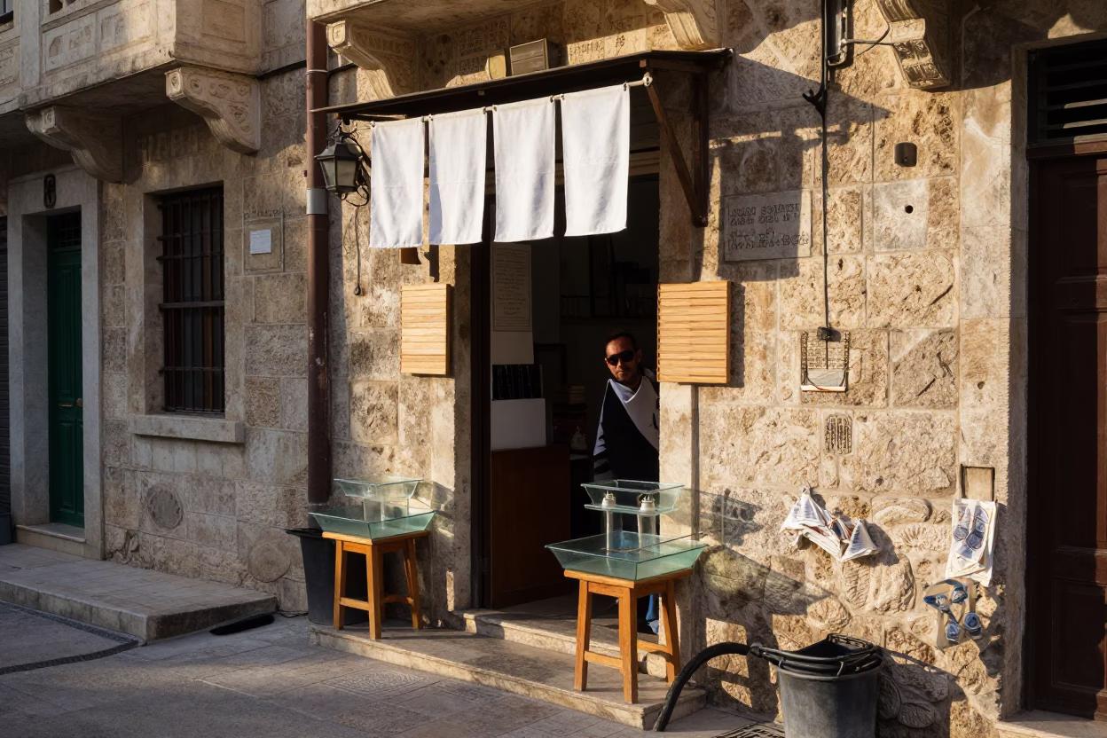 Beirut Street Scene Just After Sunrise with Tea Towels and Glass Tray in in Beirut, Lebanon