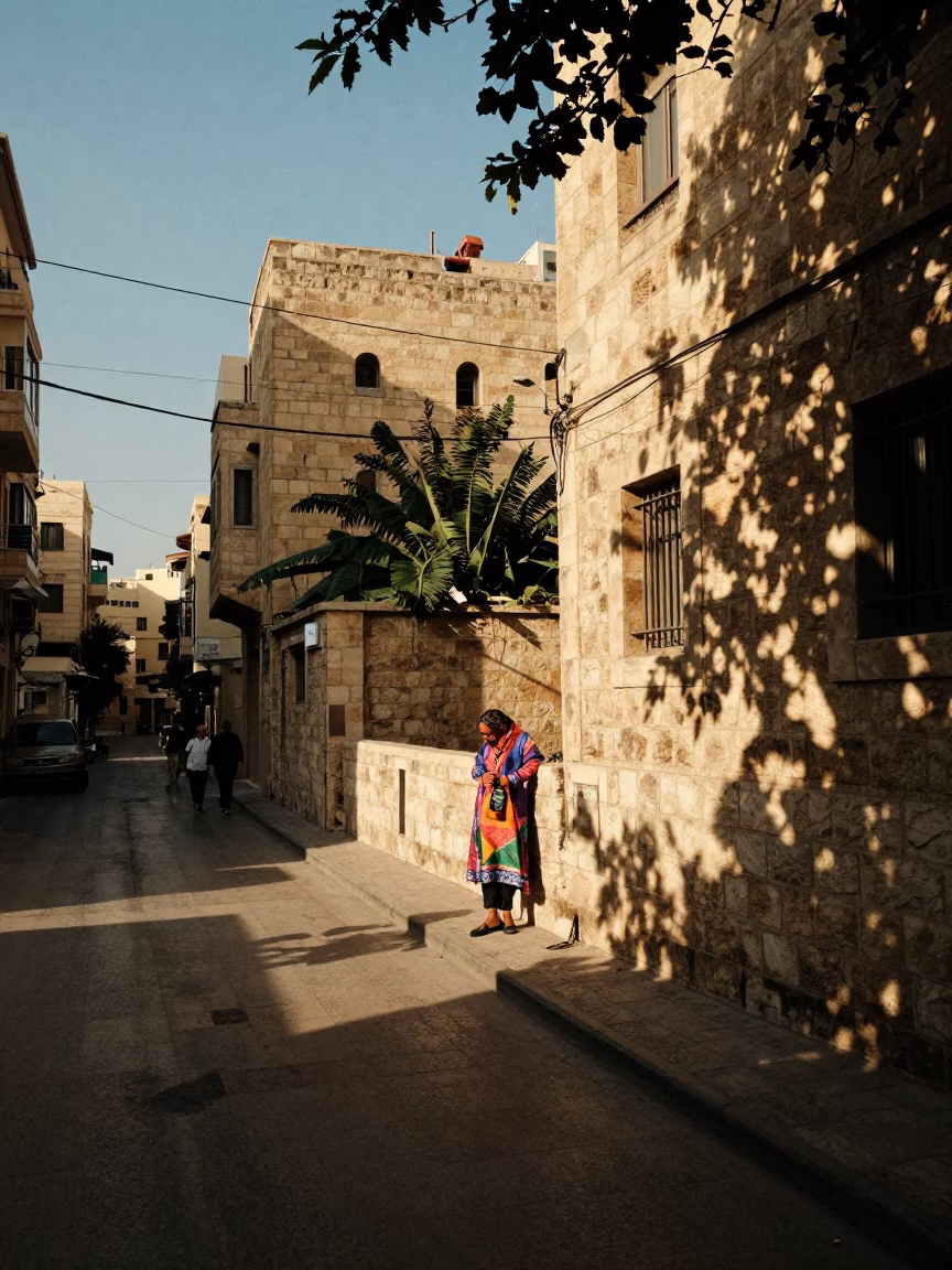 Beirut Street Scene Late Afternoon Light with Leaf Shadows on Runner in in Beirut, Lebanon