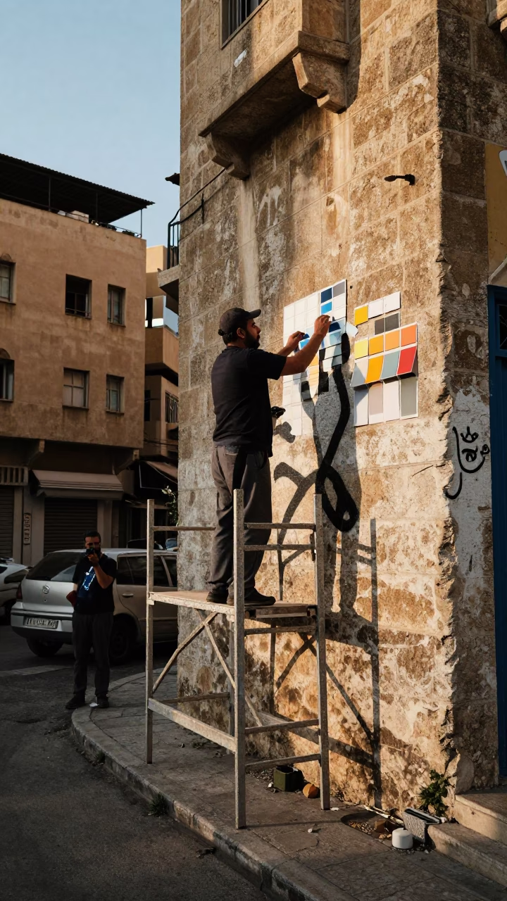 Beirut Street Scene Late Afternoon with Muralist and Steel Rail in in Beirut, Lebanon