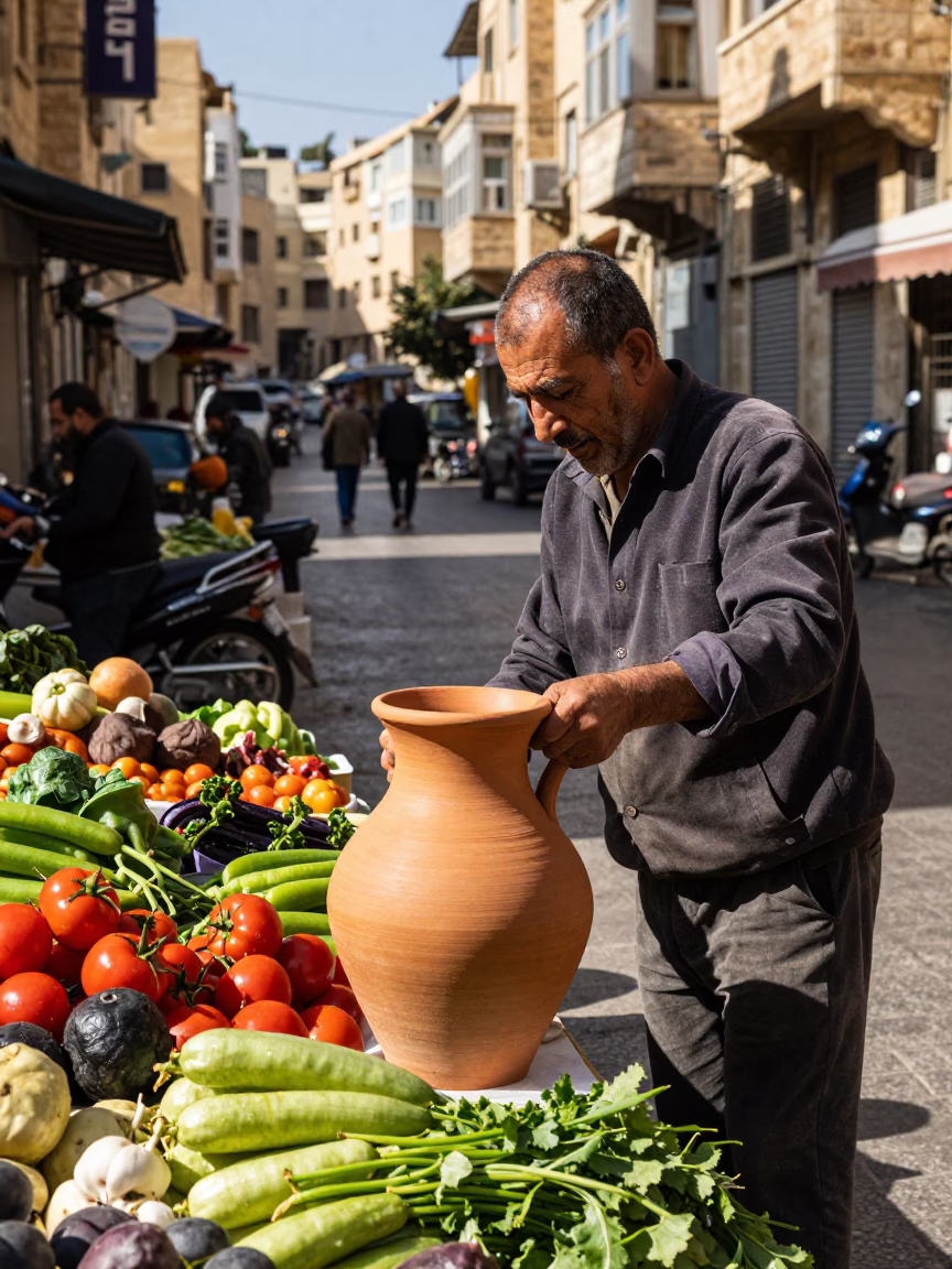 Beirut Street Scene Midmorning with Clay Pot and Local Vendor in in Beirut, Lebanon