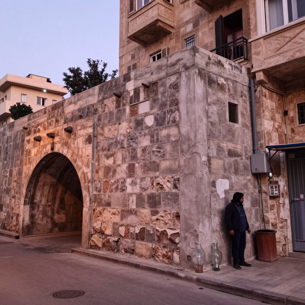 Beirut Street Scene with Retaining Wall and Glass Vase in Copper Dusk Light in in Beirut, Lebanon