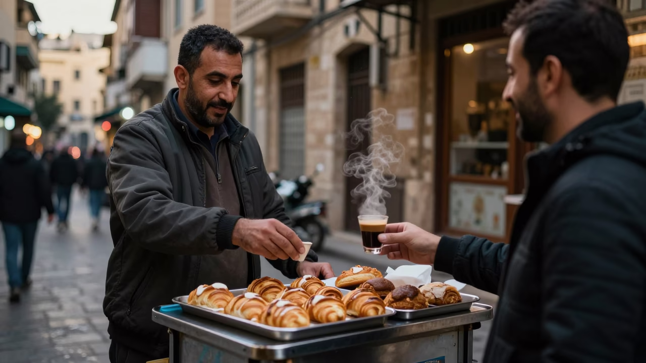 Beirut Street Vendor Dawn Service with Coffee and Pastries in in Beirut, Lebanon