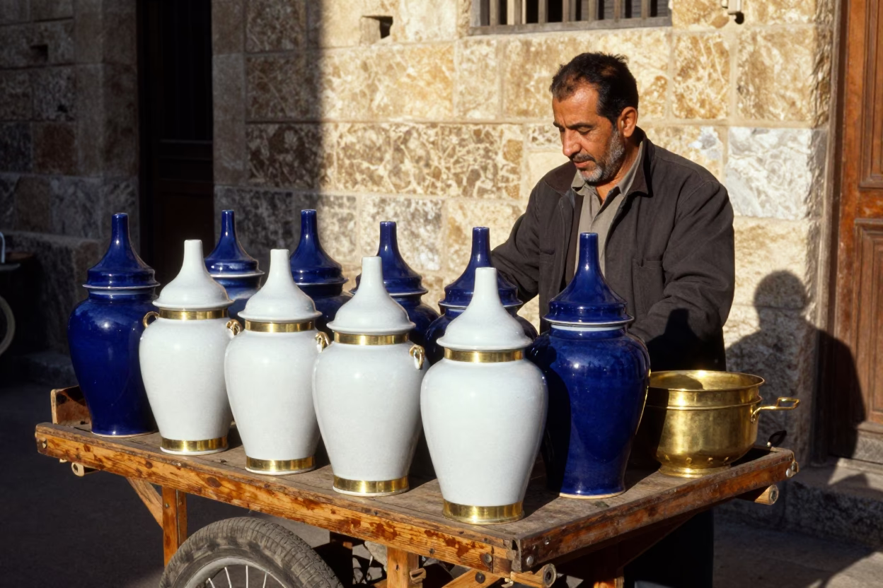 Beirut Street Vendor Displaying Blue Porcelain Jars and Brass Edges in Late Afternoon Light in in Beirut, Lebanon
