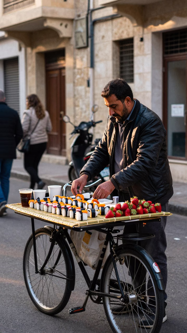Beirut Street Vendor Early Morning Coffee Sale with Bicycle and Nigiri Platter in in Beirut, Lebanon