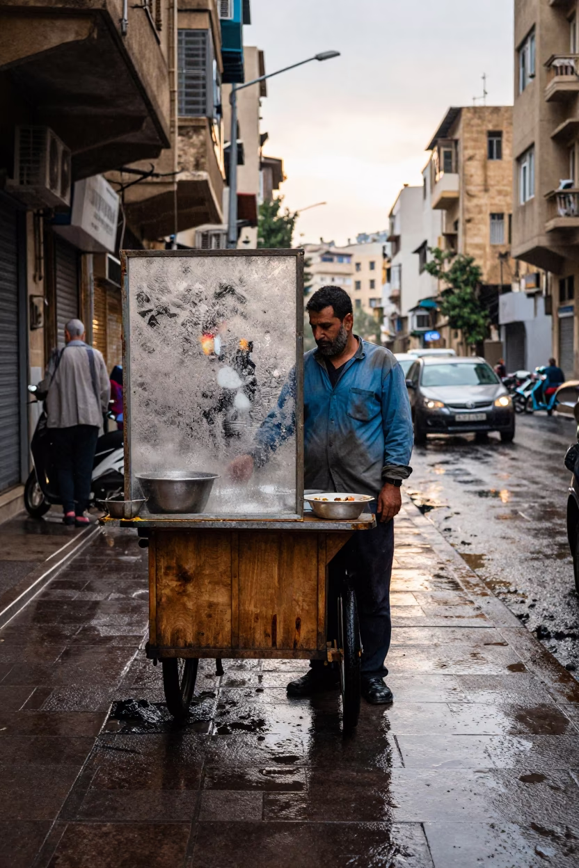 Beirut Street Vendor First Light After Rain Condensation On Glass in in Beirut, Lebanon