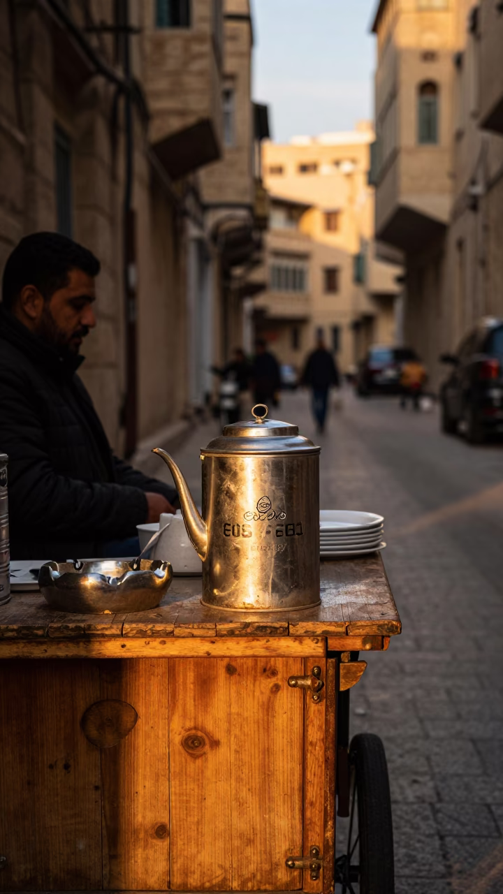 Beirut Street Vendor Golden Hour Tea Canister and Ashtray Scene in in Beirut, Lebanon